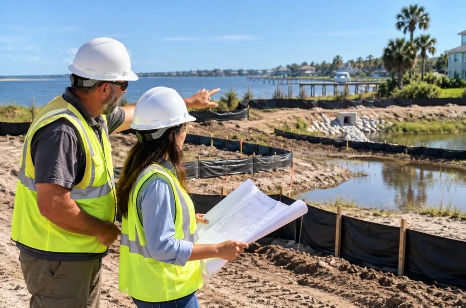 Construction team reviewing stormwater and erosion control measures at an Ormond Beach development site