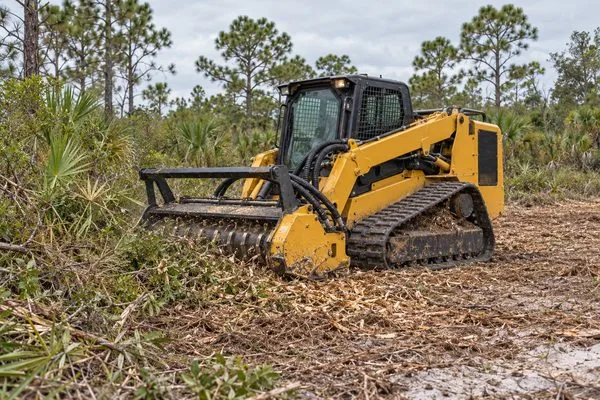 Tracked forestry mulcher grinding brush into mulch beside a remaining pine and palmetto tree line.